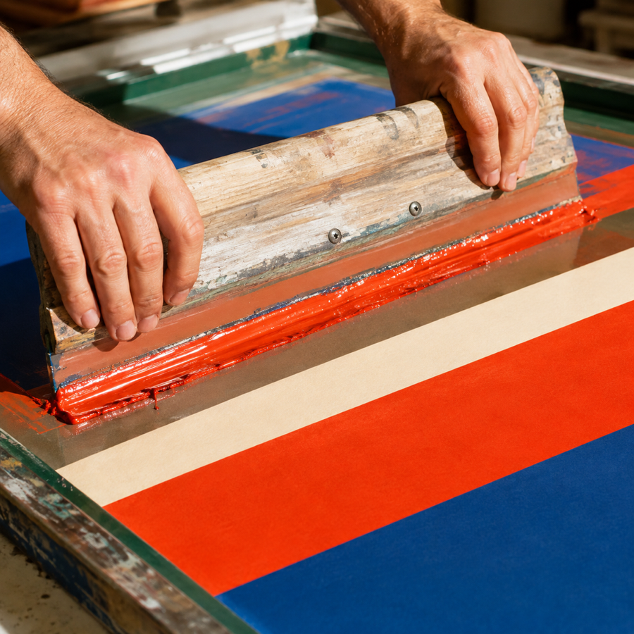 Mains tirant une raclette de sérigraphie sur une affiche aux bandes de couleur