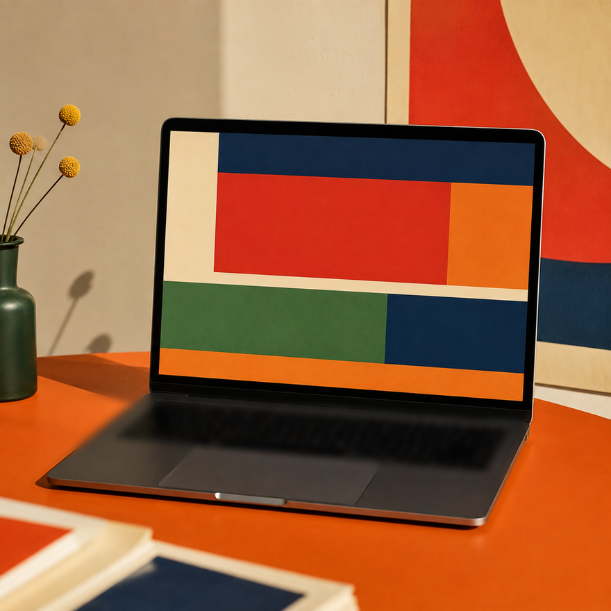 Écran de portable aux blocs de couleurs plats sur table orange, illisible