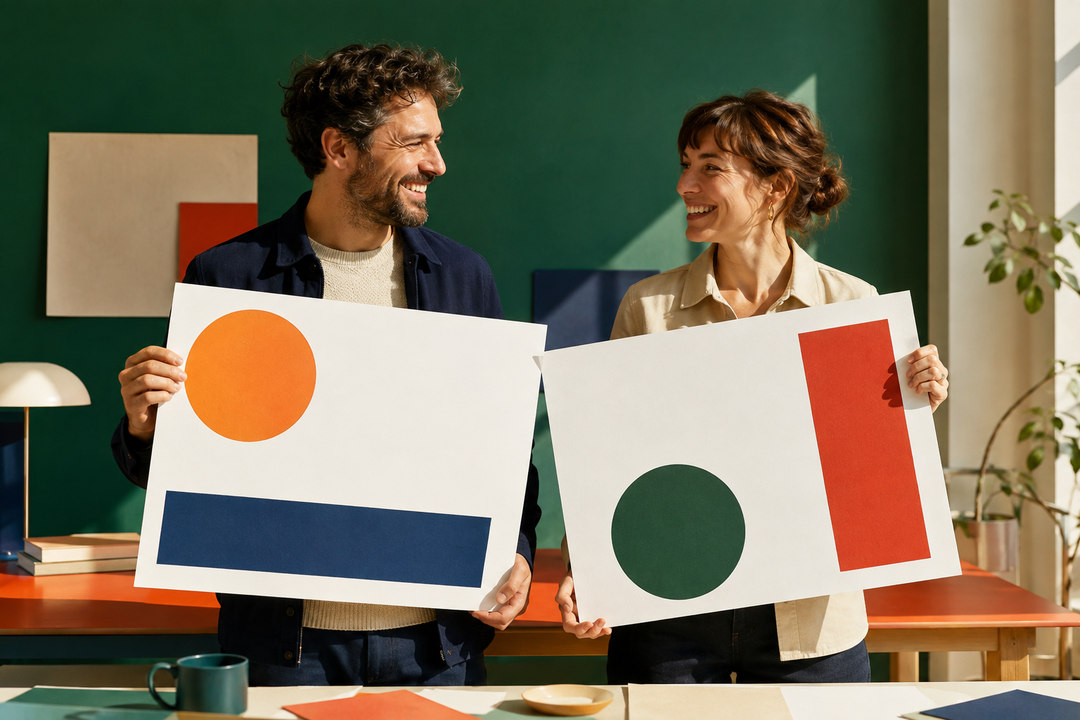 Deux consultants tenant de grandes cartes blanches dans un atelier aux murs verts